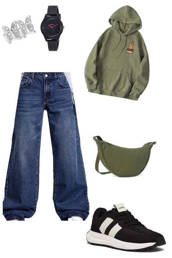 Grunge Outfit Idea: Olive Graphic Hoodie + Dar