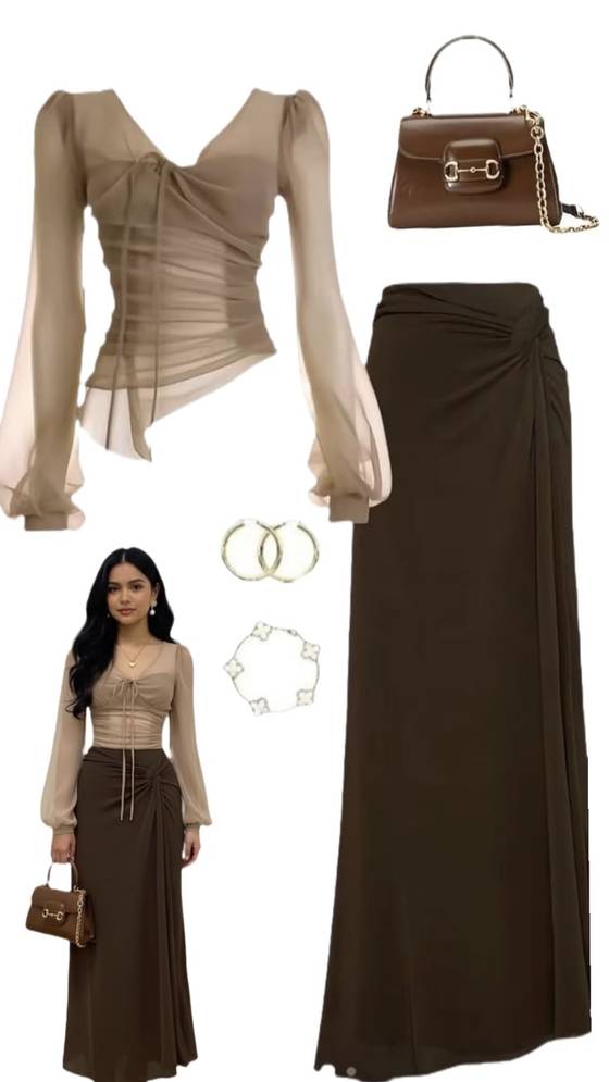 v neck ruffle top and brown skirt