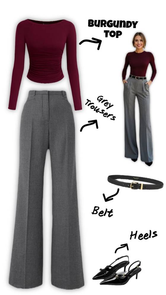 Burgundy Top and Grey Trousers