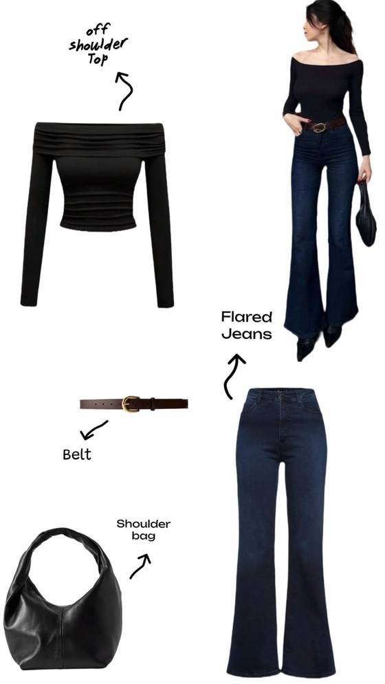 Off shoulder top and flared jeans combo