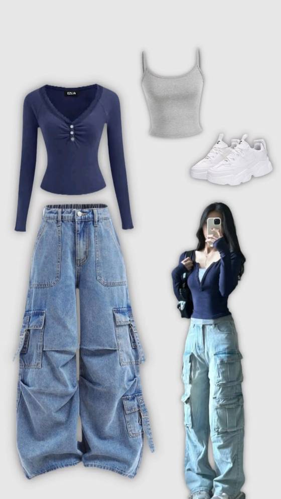 Fitted top and baggy pants combo