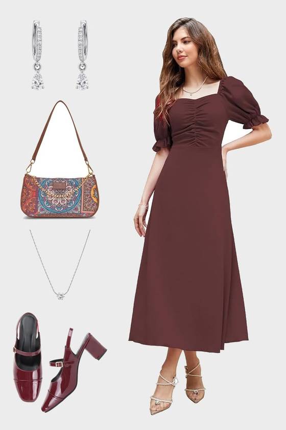 Brown Square-Neck Midi Dress Under ₹600   Part
