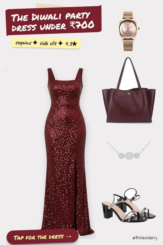 Maroon Sequin Maxi Dress With Side Slit Under