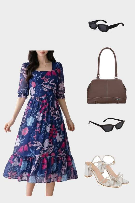 Navy Floral Midi Dress Under ₹800   Party & Da