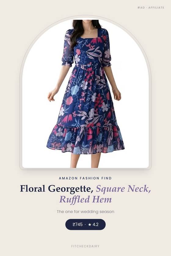 Floral Georgette, Square Neck, Ruffled Hem