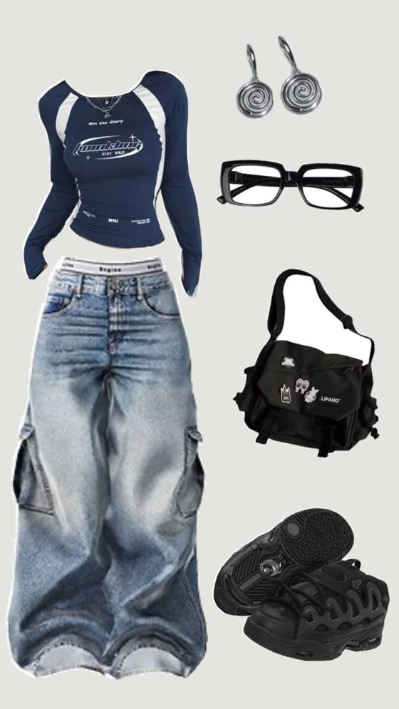 Navy Long-Sleeve Top & Baggy Wide-Leg Jeans Ou
