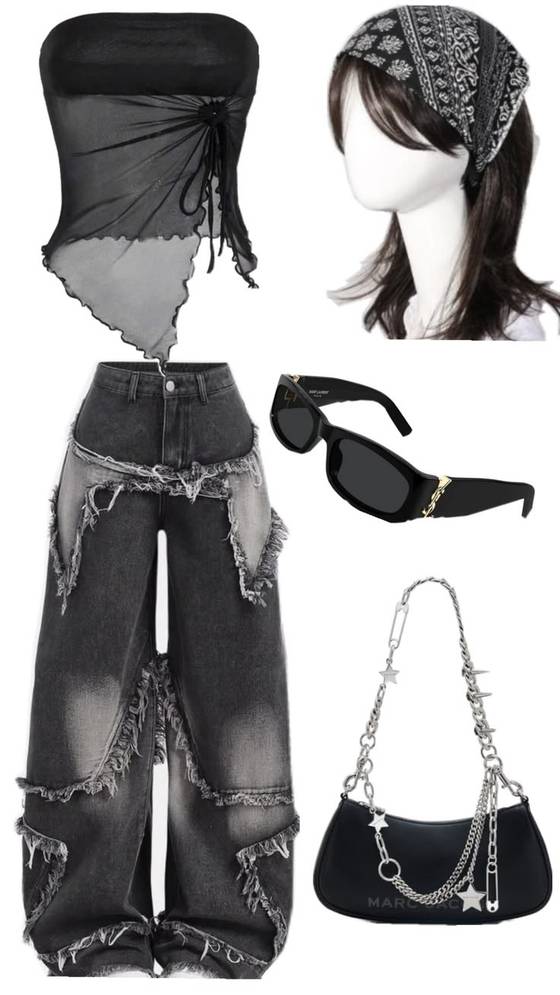 Y2K Grunge Outfit: Washed Baggy Jeans, Mesh To