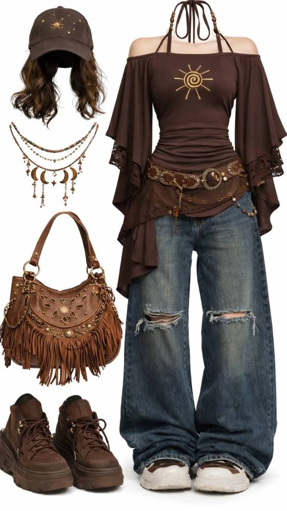 Boho Outfit: Brown Off-Shoulder Top & Ripped B