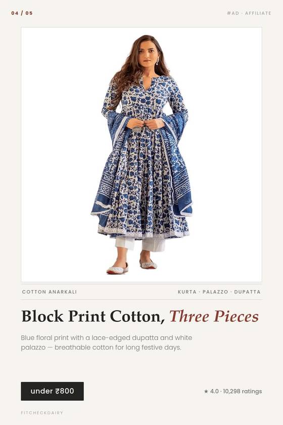 Block Print Cotton Anarkali, Three Pieces